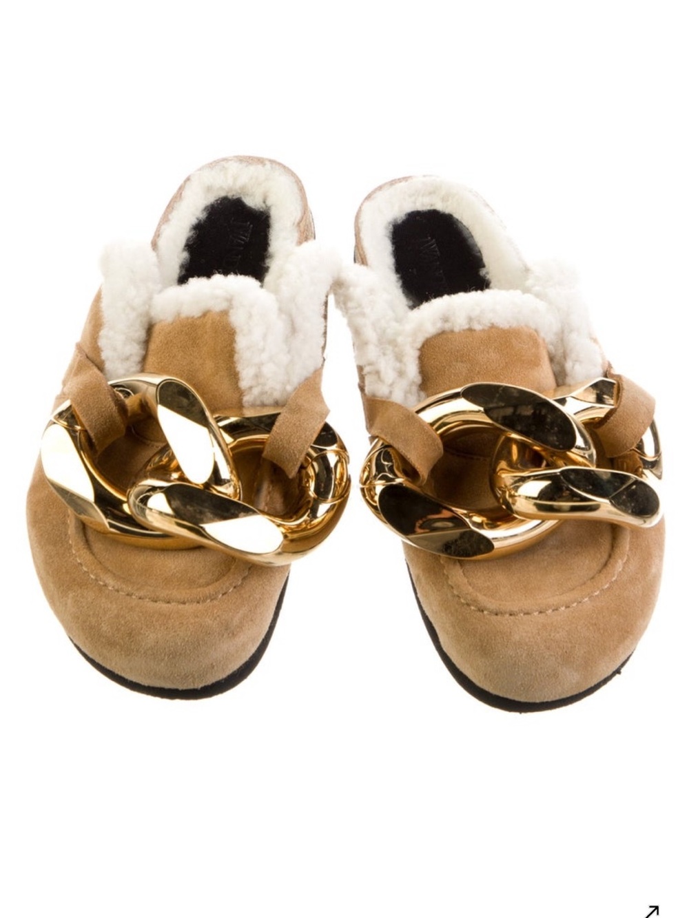 J.W. Anderson Tan Suede Shearling Mules with Gold Chain 6